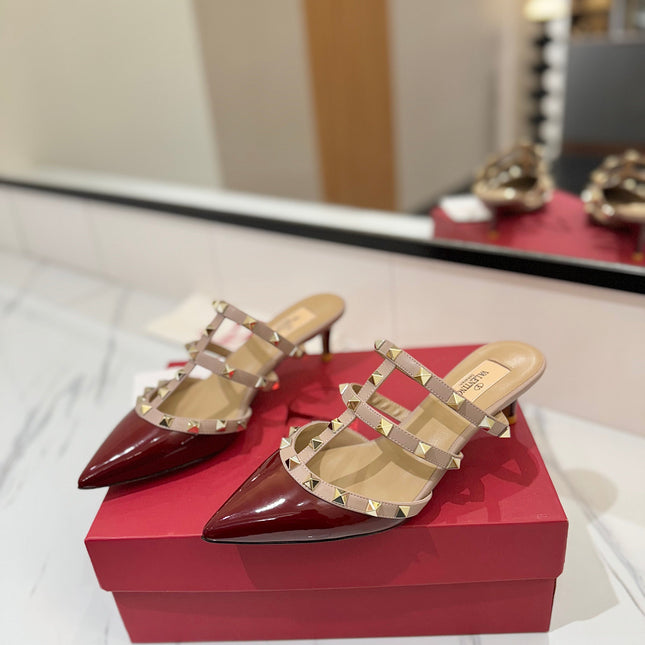 VALENTINO 26S STUDDED HEELED MULES 50 MM IN DARK RED PATENT CALFSKIN