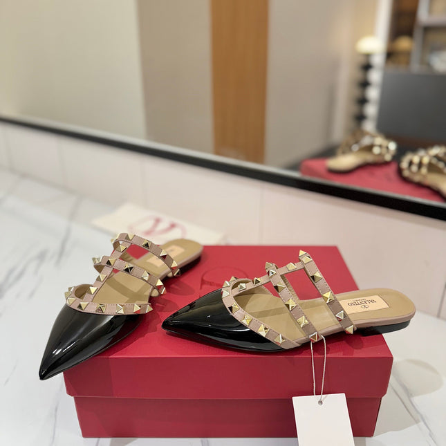 VALENTINO 26S STUDDED FLAT MULES IN BLACK PATENT CALFSKIN