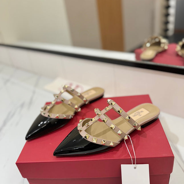 VALENTINO 26S STUDDED FLAT MULES IN BLACK PATENT CALFSKIN