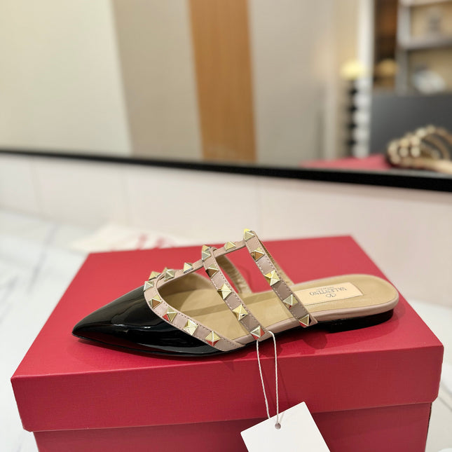 VALENTINO 26S STUDDED FLAT MULES IN BLACK PATENT CALFSKIN