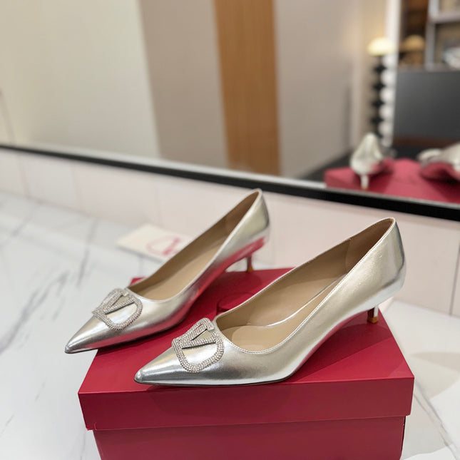 VALENTINO 26S HIGH HEELS 45 MM IN METALLIC SILVER CALFSKIN WITH VLOGO CRYSTAL