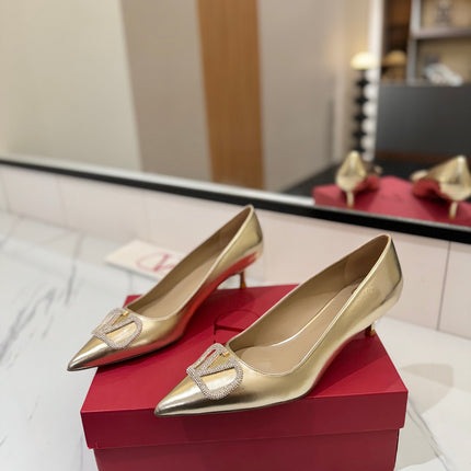 VALENTINO 26S HIGH HEELS 45 MM IN METALLIC GOLD CALFSKIN WITH VLOGO CRYSTAL