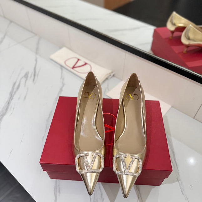 VALENTINO 26S HIGH HEELS 45 MM IN METALLIC GOLD CALFSKIN WITH VLOGO CRYSTAL