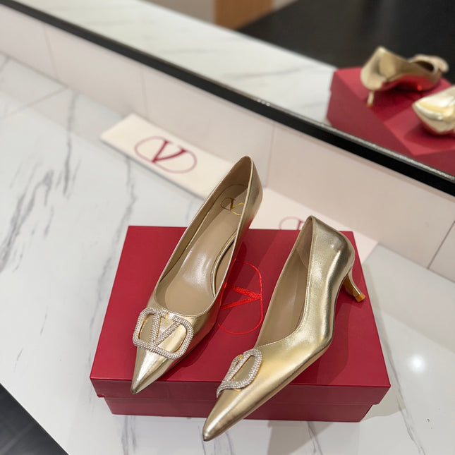 VALENTINO 26S HIGH HEELS 45 MM IN METALLIC GOLD CALFSKIN WITH VLOGO CRYSTAL