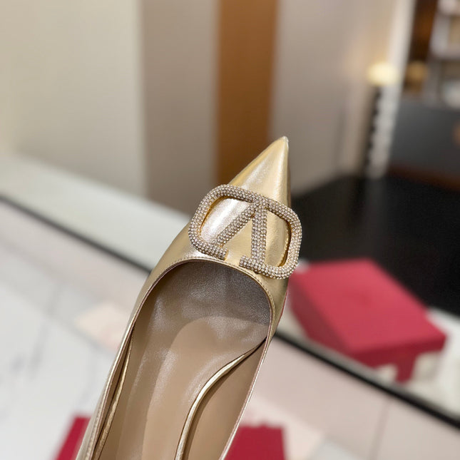 VALENTINO 26S HIGH HEELS 45 MM IN METALLIC GOLD CALFSKIN WITH VLOGO CRYSTAL