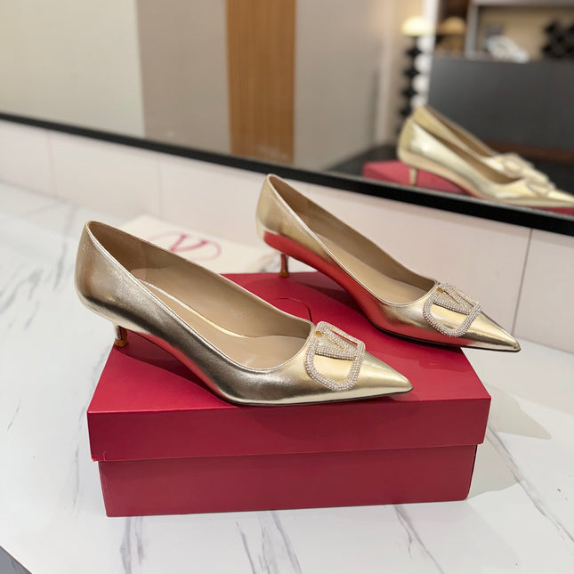 VALENTINO 26S HIGH HEELS 45 MM IN METALLIC GOLD CALFSKIN WITH VLOGO CRYSTAL