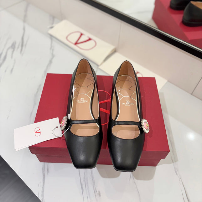 VALENTINO 26S MARY JANE FLATS IN BLACK CALFSKIN WITH CRYSTAL FLOWER