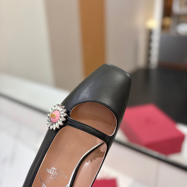 VALENTINO 26S MARY JANE FLATS IN BLACK CALFSKIN WITH CRYSTAL FLOWER