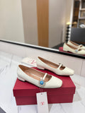 VALENTINO 26S MARY JANE FLATS IN WHITE CALFSKIN WITH CRYSTAL FLOWER