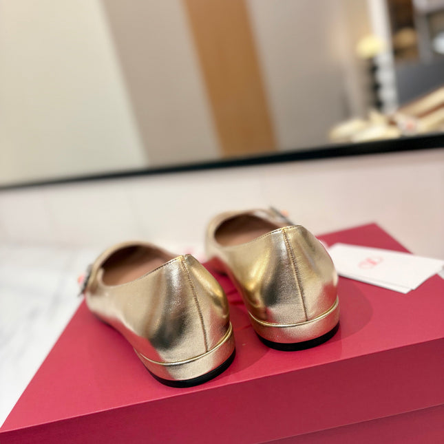 VALENTINO 26S MARY JANE FLATS IN METALLIC GOLD CALFSKIN WITH CRYSTAL FLOWER