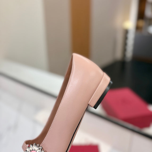 VALENTINO 26S MARY JANE FLATS IN NUDE PINK CALFSKIN WITH CRYSTAL FLOWER
