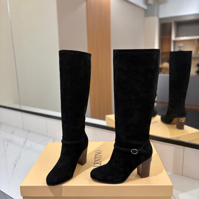 VALENTINO 25S GARAVANI PATTIE KNEE-HIGH BOOTS 80 MM IN BLACK SUEDE
