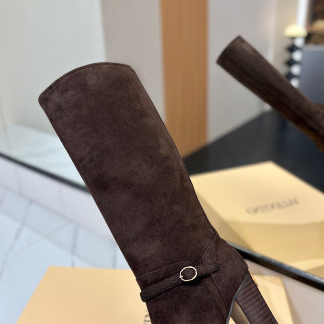 VALENTINO 25S GARAVANI PATTIE KNEE-HIGH BOOTS 80 MM IN DARK BROWN SUEDE