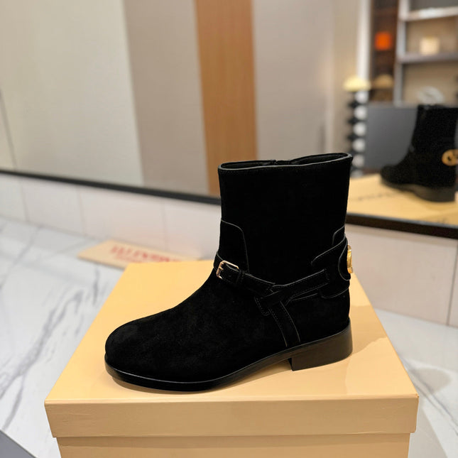 VALENTINO 25S PATTIE ANKLE BOOTS IN BLACK SUEDE WITH GOLD HARDWARE