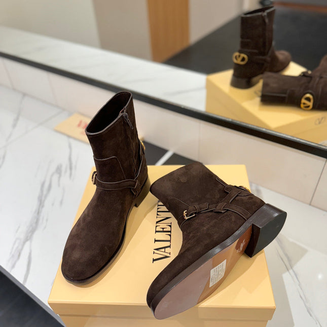 VALENTINO 25S PATTIE ANKLE BOOTS IN DARK BROWN SUEDE WITH GOLD HARDWARE