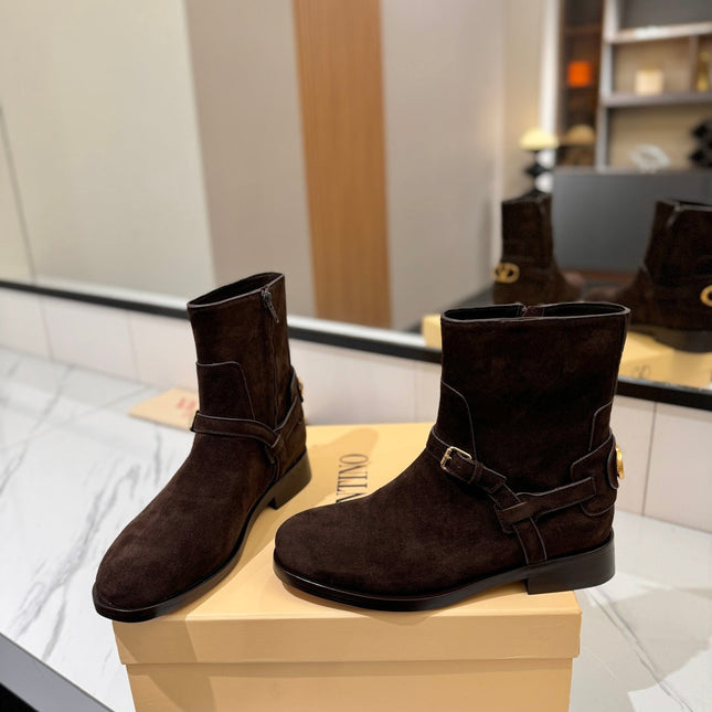 VALENTINO 25S PATTIE ANKLE BOOTS IN DARK BROWN SUEDE WITH GOLD HARDWARE