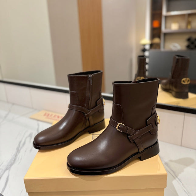 VALENTINO 25S PATTIE ANKLE BOOTS IN DARK BROWN CALFSKIN WITH GOLD HARDWARE
