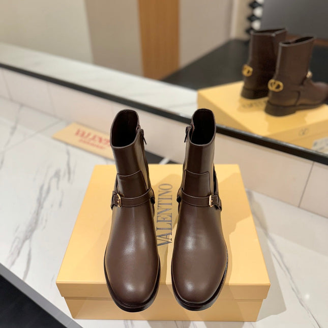 VALENTINO 25S PATTIE ANKLE BOOTS IN DARK BROWN CALFSKIN WITH GOLD HARDWARE