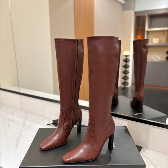 YSL 26S KNEE-HIGH BOOTS 95 MM IN BROWN CALFSKIN