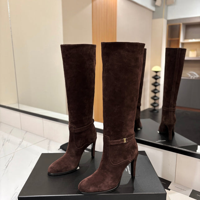 YSL 26S KNEE-HIGH BOOTS 90 MM IN DARK BROWN SUEDE