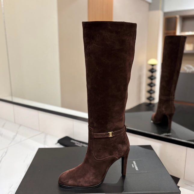 YSL 26S KNEE-HIGH BOOTS 90 MM IN DARK BROWN SUEDE