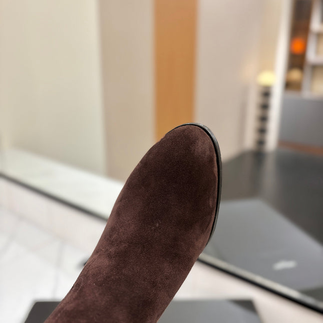YSL 26S KNEE-HIGH BOOTS 90 MM IN DARK BROWN SUEDE