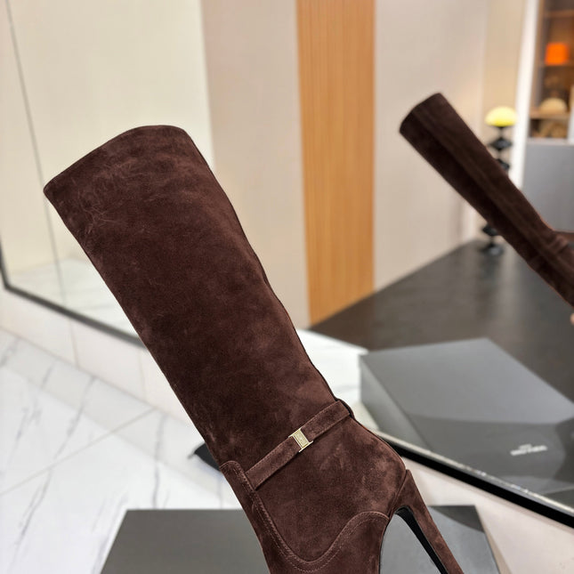 YSL 26S KNEE-HIGH BOOTS 90 MM IN DARK BROWN SUEDE