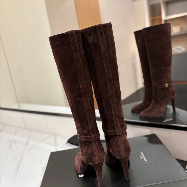 YSL 26S KNEE-HIGH BOOTS 90 MM IN DARK BROWN SUEDE