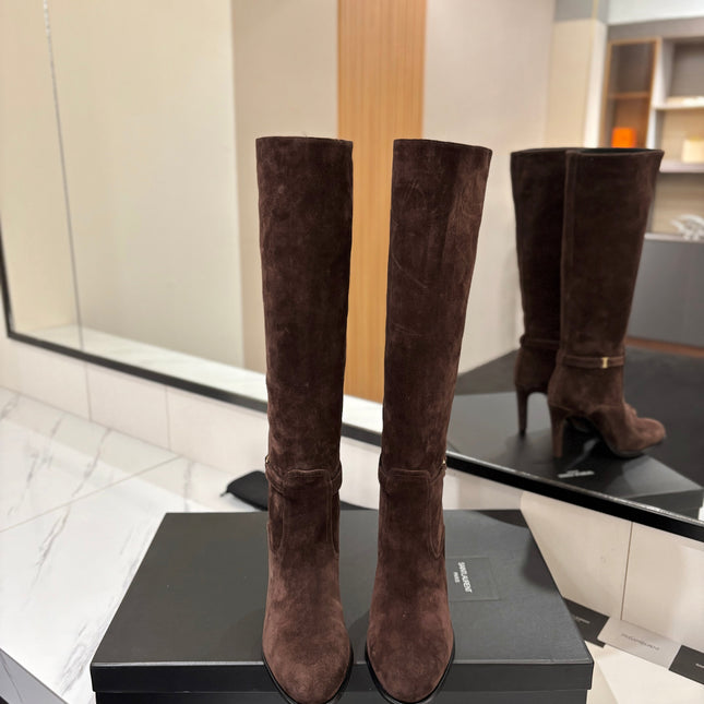 YSL 26S KNEE-HIGH BOOTS 90 MM IN DARK BROWN SUEDE