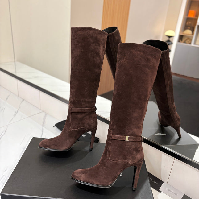 YSL 26S KNEE-HIGH BOOTS 90 MM IN DARK BROWN SUEDE