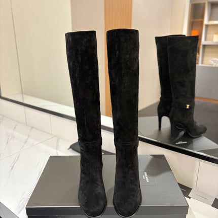 YSL 26S KNEE-HIGH BOOTS 95 MM IN BLACK SUEDE