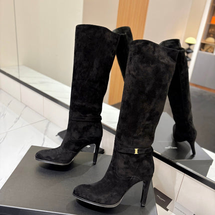 YSL 26S KNEE-HIGH BOOTS 95 MM IN BLACK SUEDE