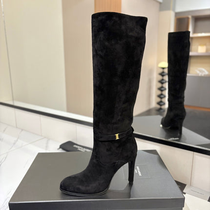 YSL 26S KNEE-HIGH BOOTS 95 MM IN BLACK SUEDE