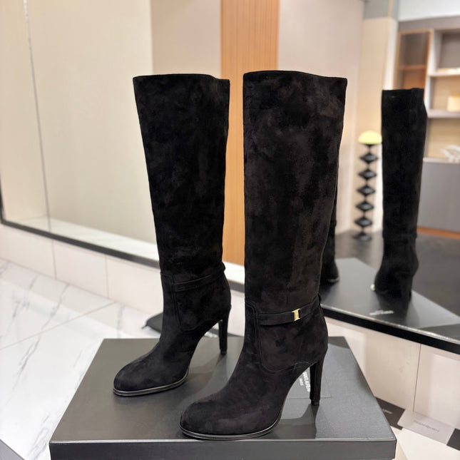 YSL 26S KNEE-HIGH BOOTS 95 MM IN BLACK SUEDE
