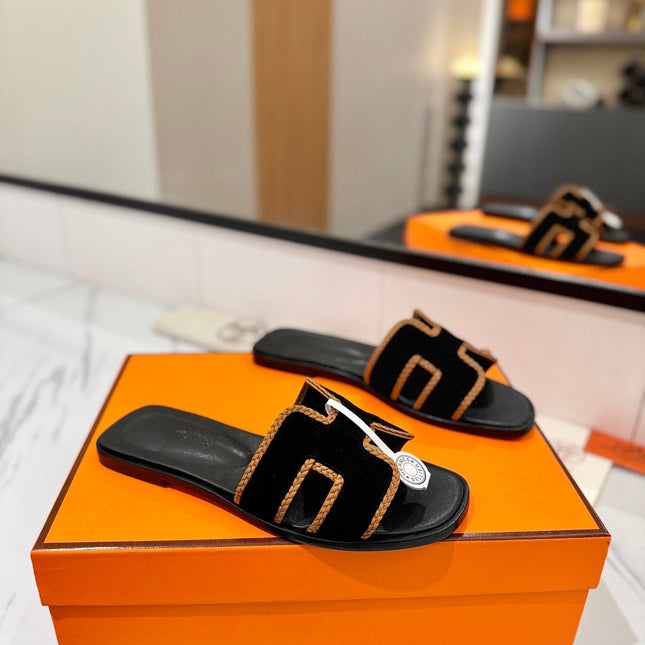 HM 26S ORAN SANDALS IN BLACK SUEDE WITH TAN BOWN BRAIDED TRIM