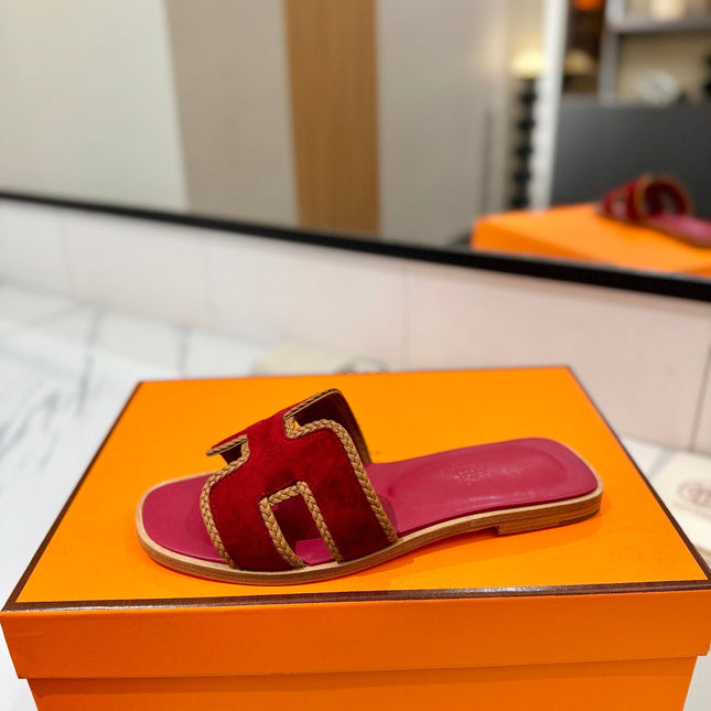 HM 26S ORAN SANDALS IN DARK RED SUEDE WITH TAN BOWN BRAIDED TRIM