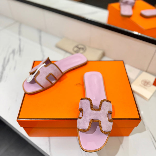 HM 26S ORAN SANDALS IN LIGHT PURPLE SUEDE WITH TAN BOWN BRAIDED TRIM
