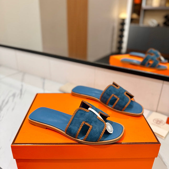 HM 26S ORAN SANDALS IN BLUE SUEDE WITH TAN BOWN BRAIDED TRIM