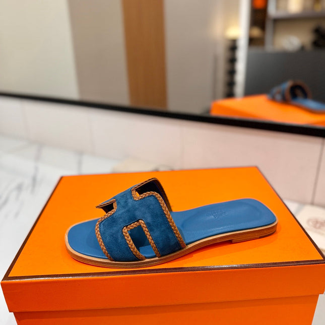 HM 26S ORAN SANDALS IN BLUE SUEDE WITH TAN BOWN BRAIDED TRIM