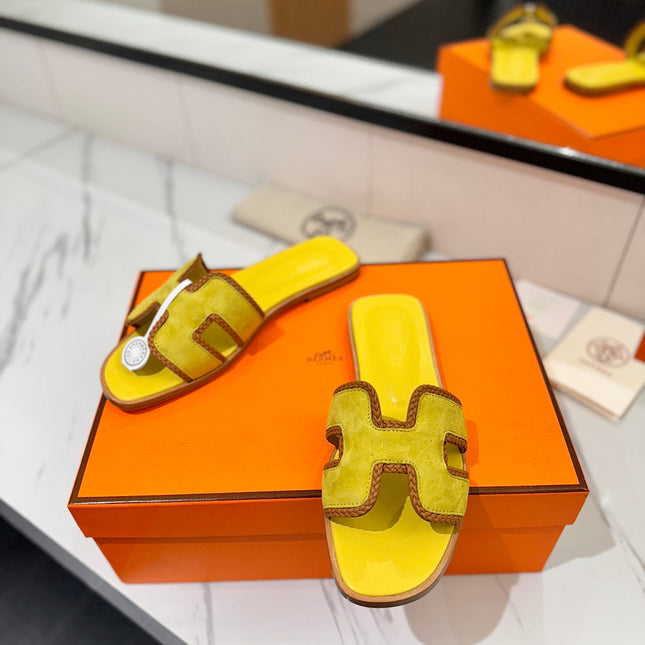 HM 26S ORAN SANDALS IN YELLOW SUEDE WITH TAN BOWN BRAIDED TRIM