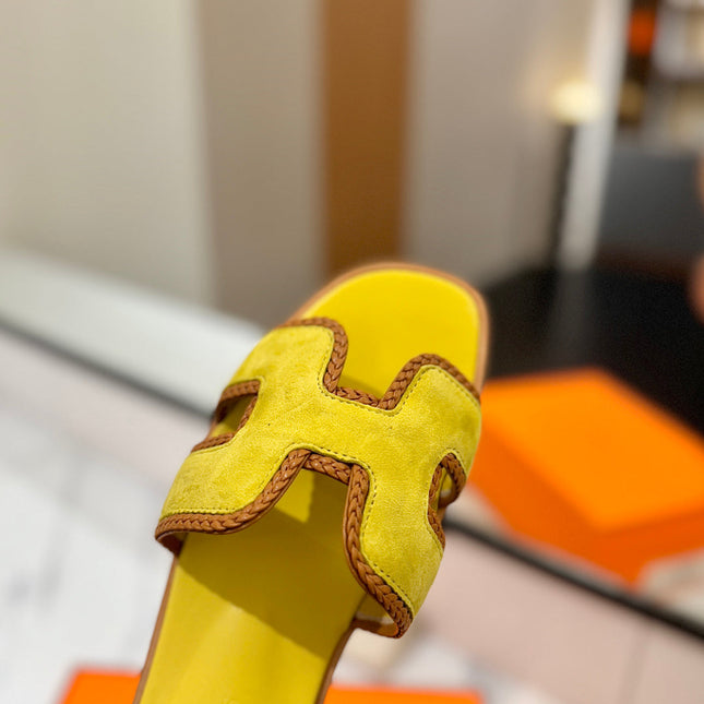 HM 26S ORAN SANDALS IN YELLOW SUEDE WITH TAN BOWN BRAIDED TRIM