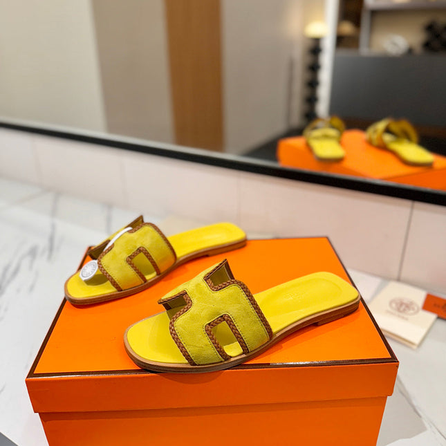 HM 26S ORAN SANDALS IN YELLOW SUEDE WITH TAN BOWN BRAIDED TRIM