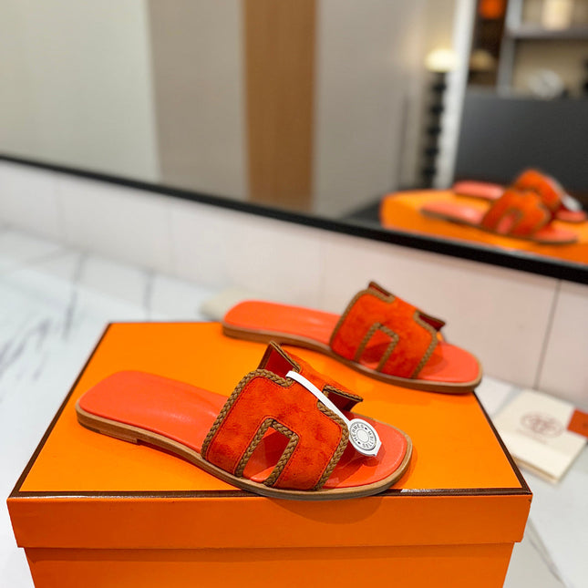 HM 26S ORAN SANDALS IN ORANGE SUEDE WITH TAN BOWN BRAIDED TRIM