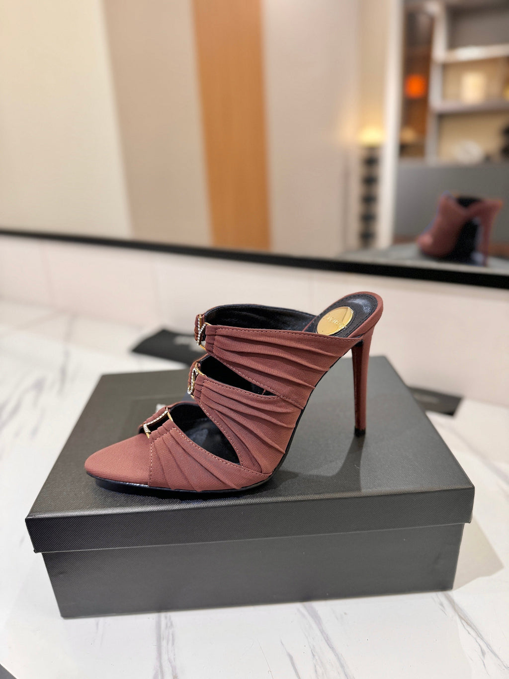 YSL 26S HEELED SANDALS 100 MM IN DARK BROWN FABRIC