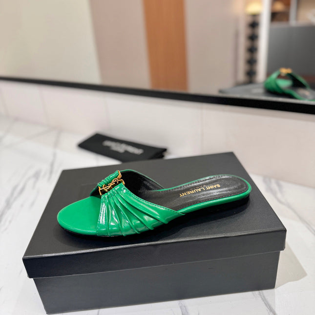 YSL 26S BABYLONE FLAT MULES IN GREEN LAMBSKIN
