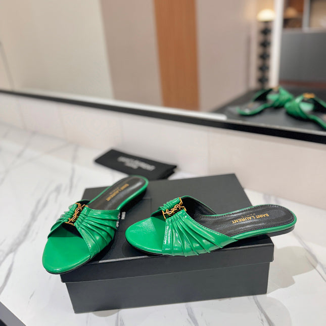 YSL 26S BABYLONE FLAT MULES IN GREEN LAMBSKIN