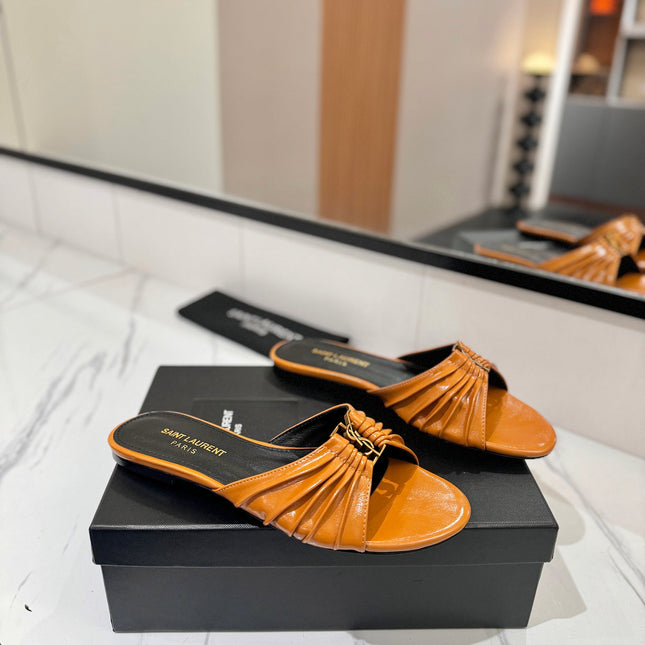 YSL 26S BABYLONE FLAT MULES IN DARK ORANGE LAMBSKIN