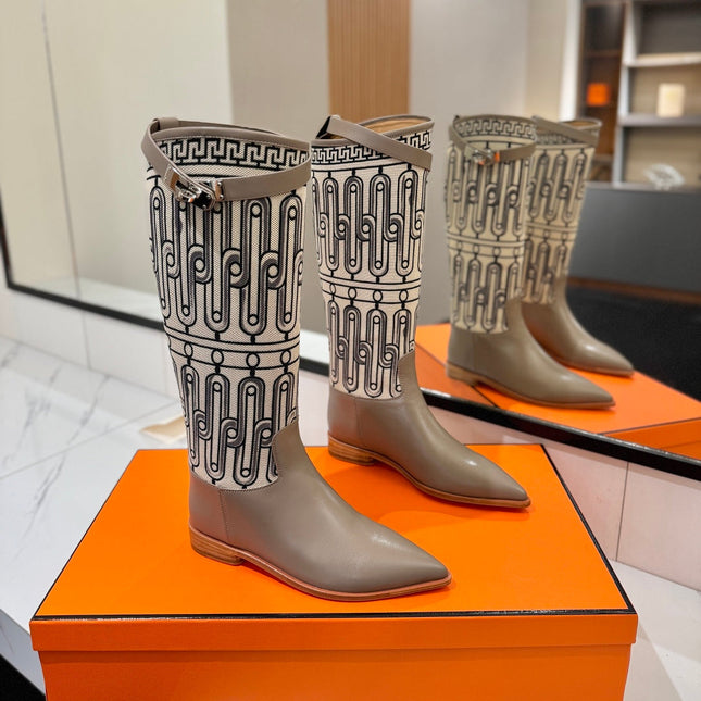 HM 26S JUMPING BOOTS IN DARK GREY CALFSKIN AND BEIGE CANVAS