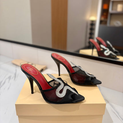 VALENTINO 26S SNAKE STRAP SANDALS 100 MM IN BLACK CALFSKIN AND MESH