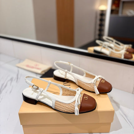 VALENTINO 26S SLINGBACK FLATS IN WHITE AND BROWN CALFSKIN